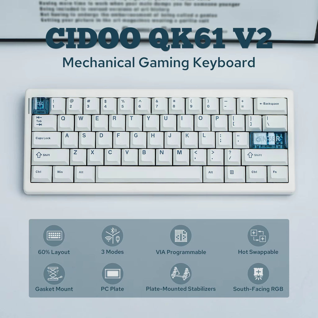 QK61 V2 Via-Programmable 60% Gasket Structure Wired/2.4Ghz Wireless/Bluetooth Compact Keyboard with South-Facing Leds
