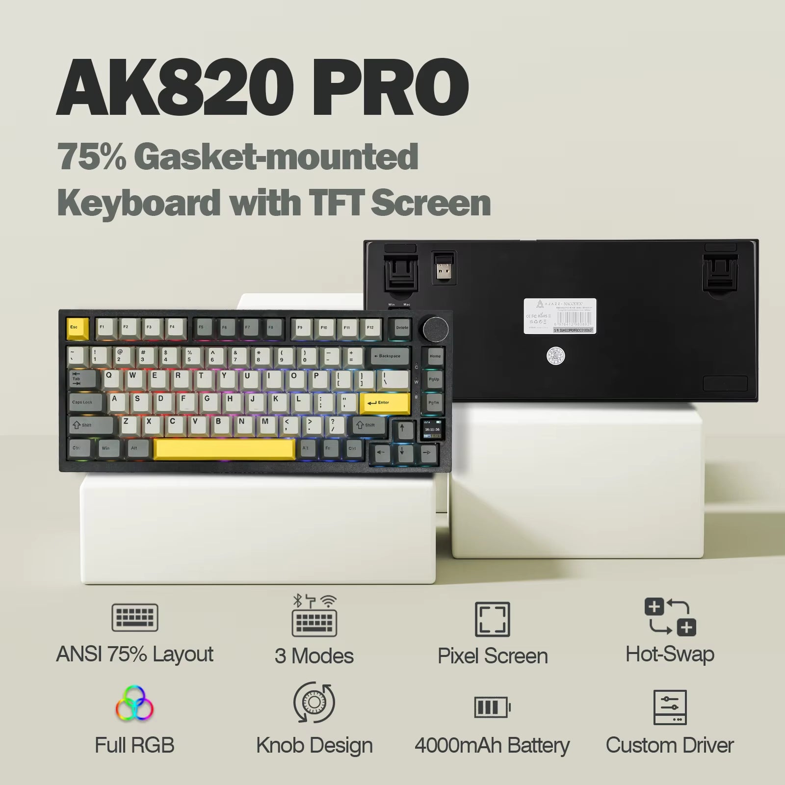 AK820 Pro 75% Gasket-Mounted Bluetooth 5.1/2.4G Wireless/Wired Mechanical Keyboard with TFT Screen for Mac/Win